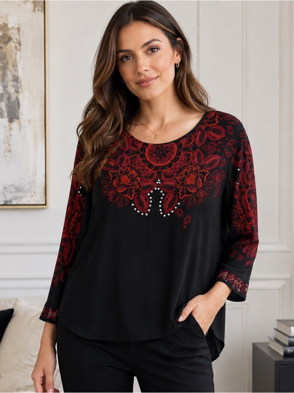 Desigual Lumbe Black Red Floral Studded Boho Blouse 22" PTP Made in Spain